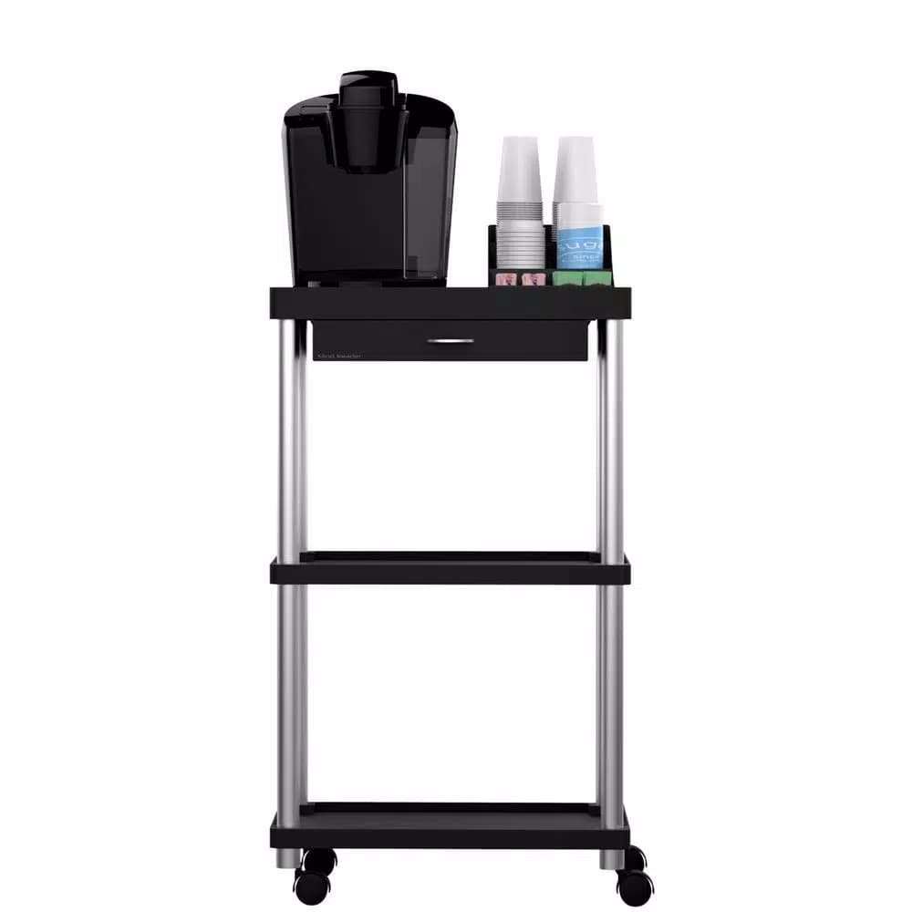 Mind Reader 3-Tier 7-Compartment Rolling Black Coffee Cart with Storage Drawer