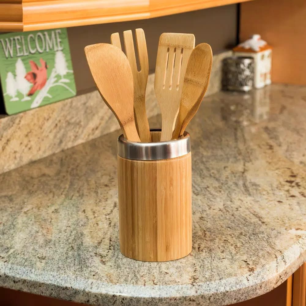 Home Basics 5-Piece Bamboo Kitchen Utensil Set with Vertical Standing Holder