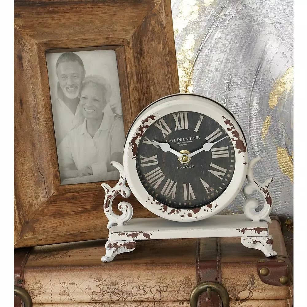 LITTON LANE 7 in. Iron Black and Vintage White Round Table Clocks with Scrollwork Base, Set of 2