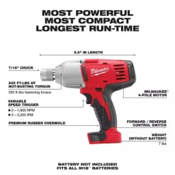 Milwaukee 2665-20 M18 18V Lithium-Ion 7/16 in. Hex High Torque Cordless Impact Wrench (Tool Only) thumbnail 2