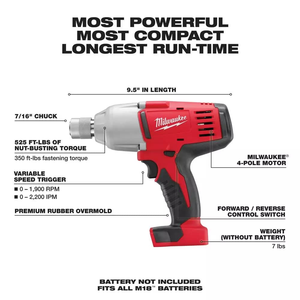 Milwaukee 2665-20 M18 18V Lithium-Ion 7/16 in. Hex High Torque Cordless Impact Wrench (Tool Only)
