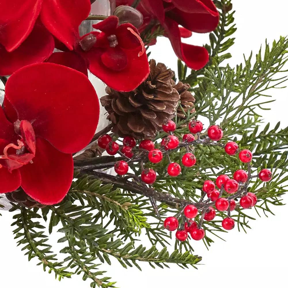 Nearly Natural 6 in. Orchid, Berry and Pine Holiday Candle Candelabrum - Red Indoor Tabletop Decor