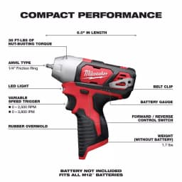 Milwaukee M12 12V Lithium-Ion Cordless 1/4 in. Impact Wrench, Tool-Only thumbnail 2