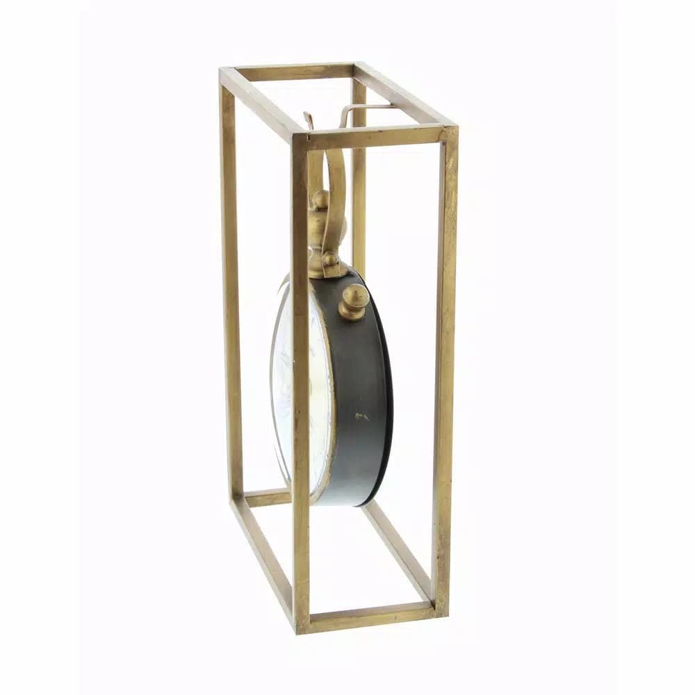 LITTON LANE 13 in. Round Iron Table Clock with Rectangular Metal Frame, Tarnished Bronze Finish