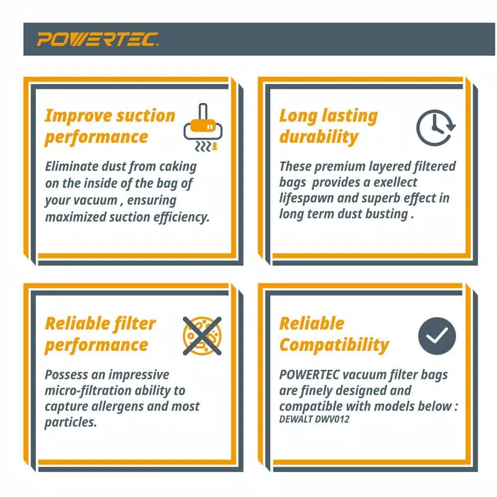 POWERTEC 10 Gal. High Efficiency Replacement Filter Bags for DeWalt DWV012 DWV9401 Dust Extractors (5-Pack)
