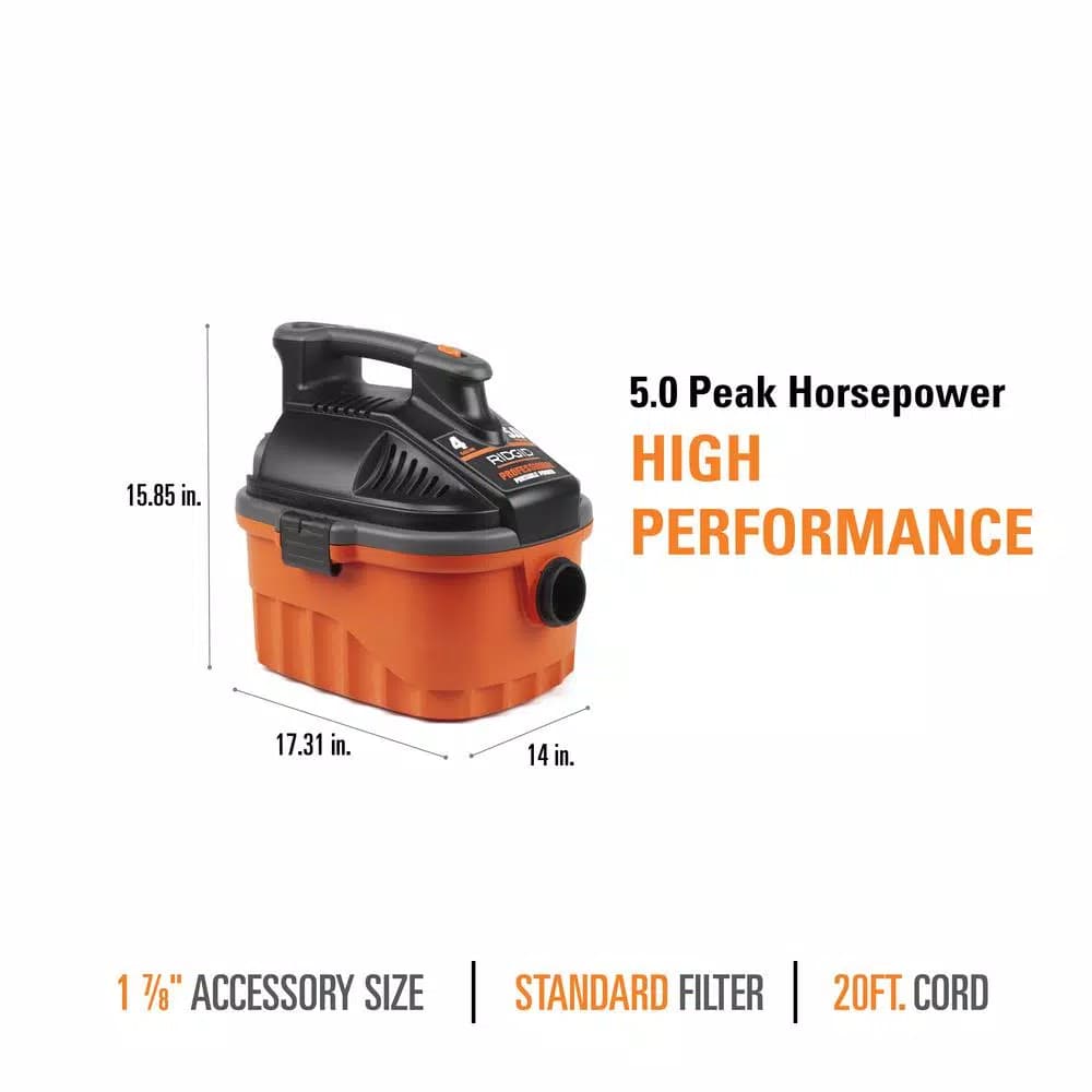 RIDGID 4 Gallon 5.0 Peak HP Portable Wet/Dry Shop Vacuum with Locking Hose and Car Nozzle