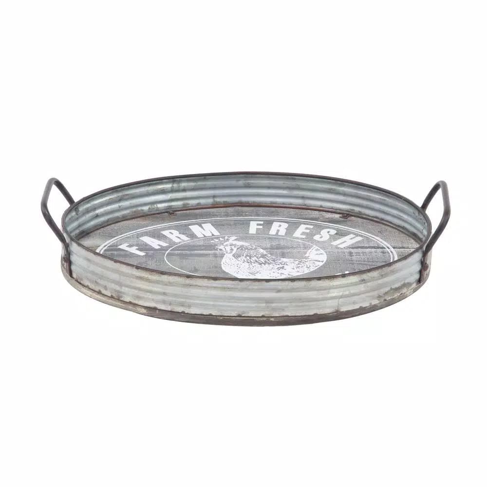 LITTON LANE Distressed Silver Galvanized Iron Decorative Trays with Handles, Set of 2