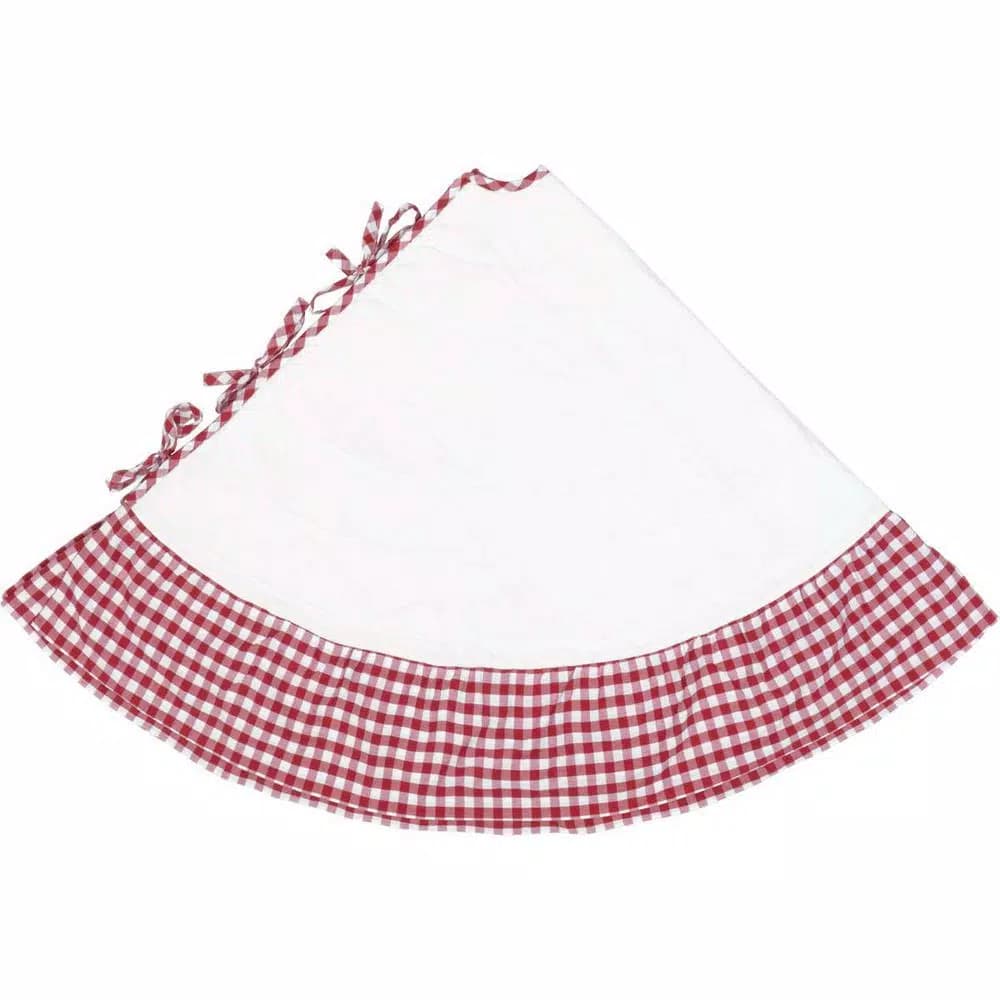 VHC Brands Emmie 60 in. Red Ruffled Patchwork Farmhouse Christmas Tree Skirt