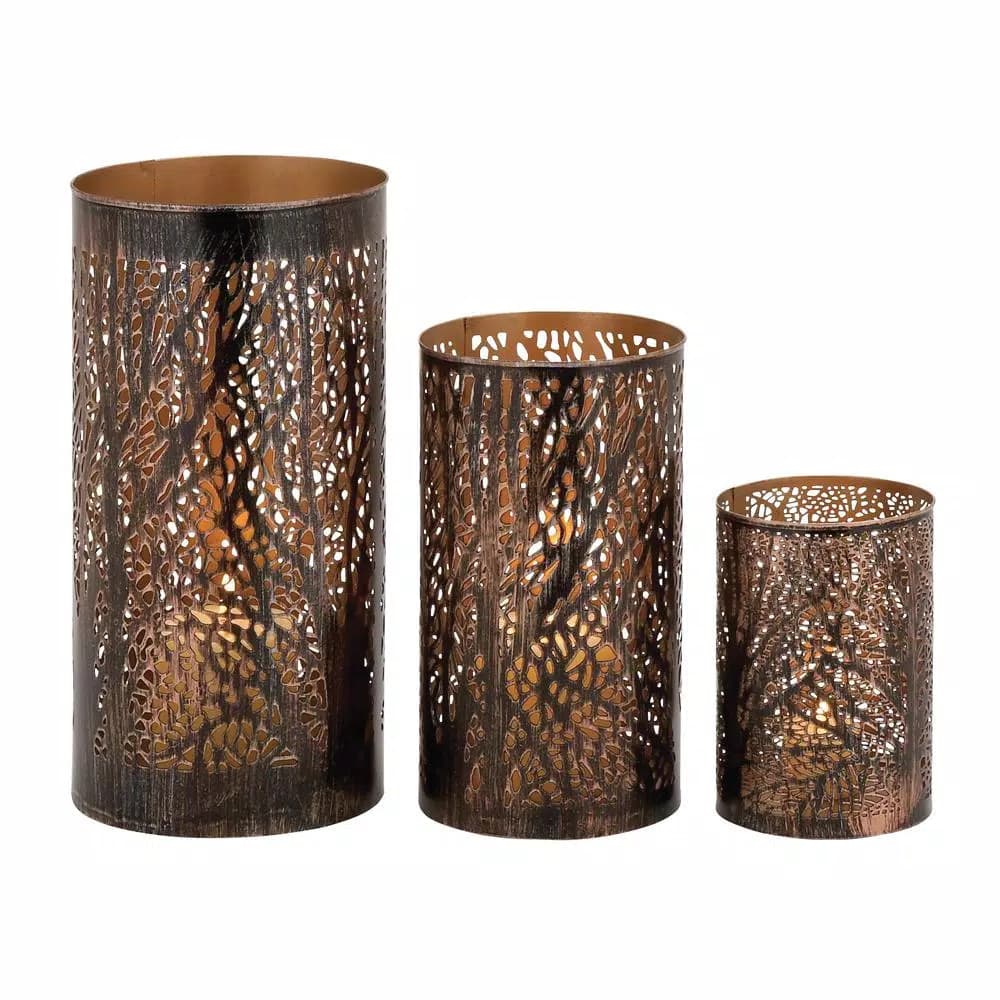 LITTON LANE Iron Hurricane Candle Holder Set of 3 - 12 in. x 6 in. Bronze Brass with Tree Branch Cutouts