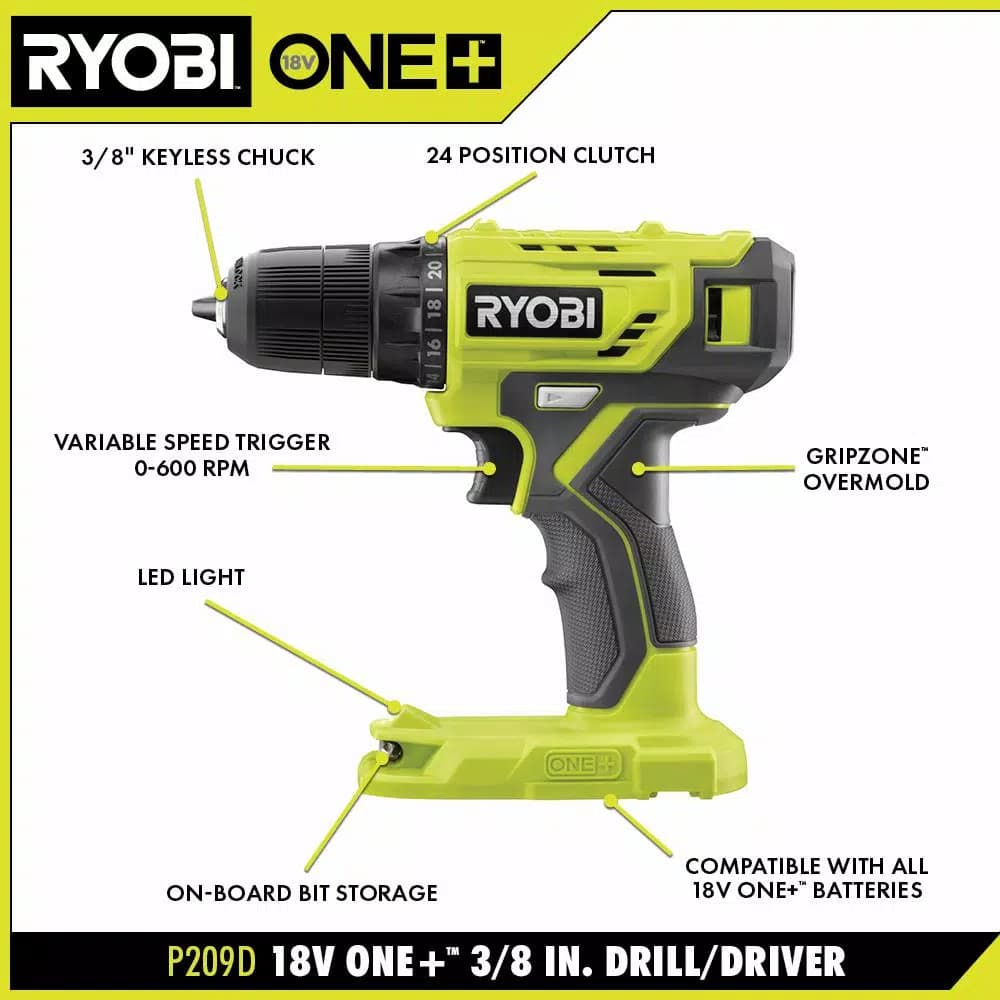 RYOBI 18V ONE+ 3/8 in. Cordless Drill/Driver Kit with 1.5 Ah Battery and Charger