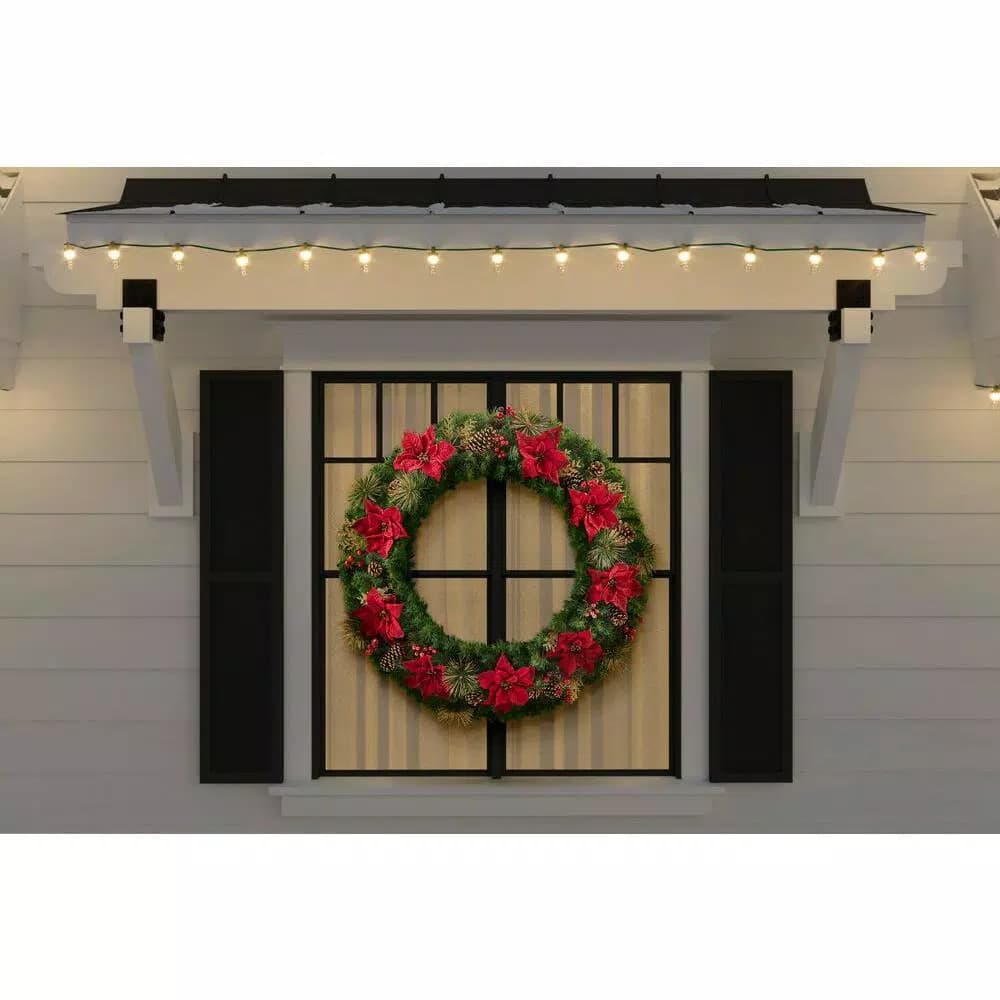 Home Accents Holiday Home Holiday Accents 48 in. Burgundy Poinsettia Mixed Pine Wreath with Berries and Gold Glitter Cedar