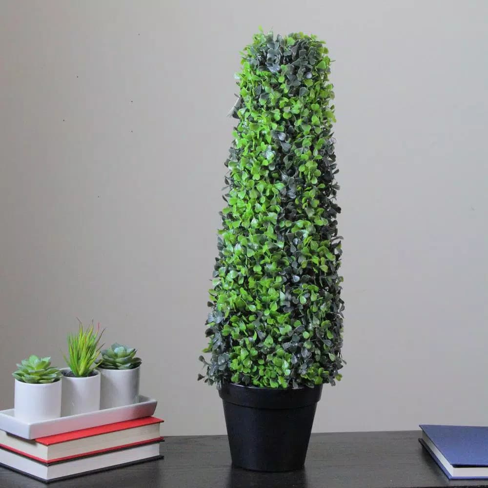 Northlight 25 in. Artificial 2-Tone Boxed Cone Topiary Tree in Black Pot