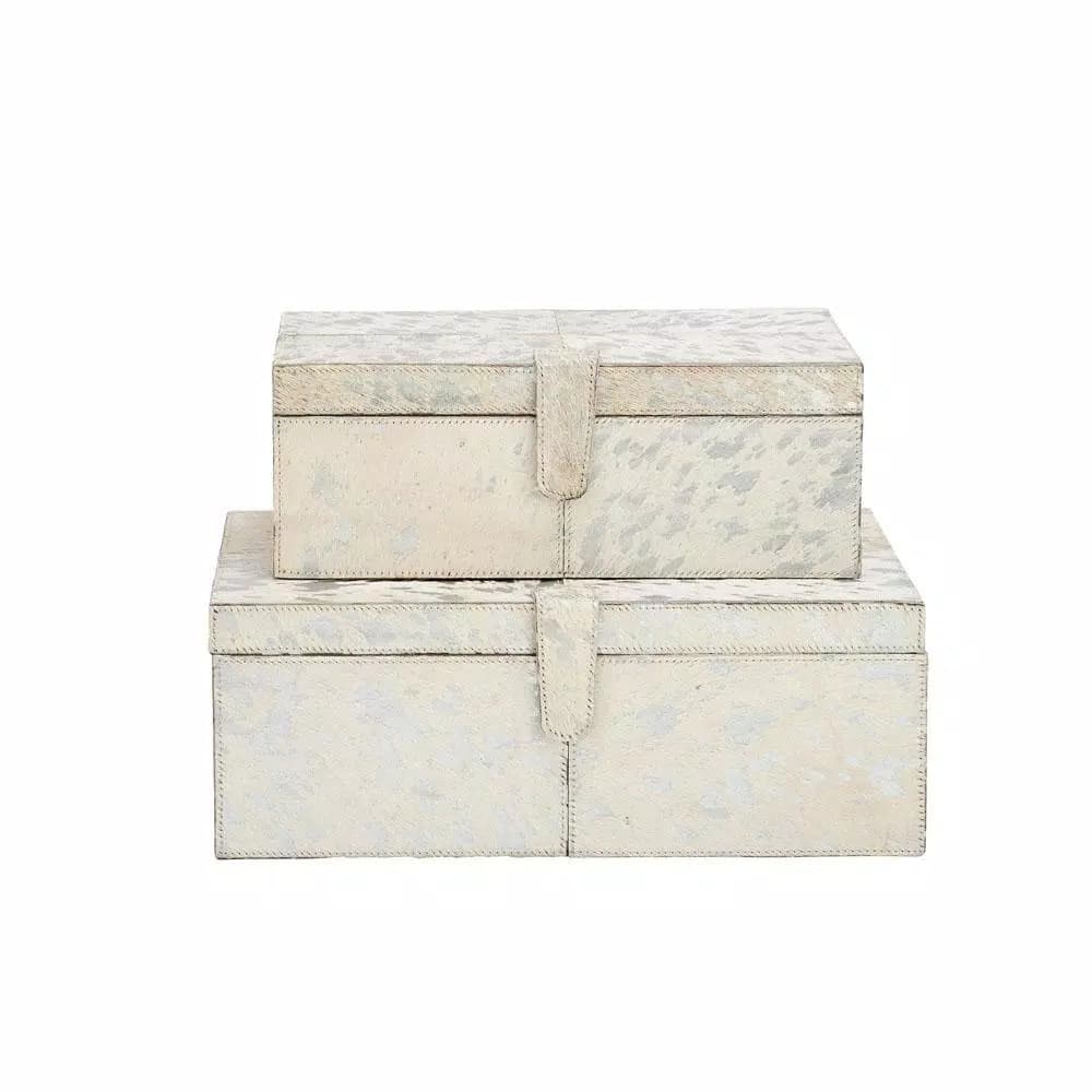 LITTON LANE Modern Reflections Wood and Leather Decorative Storage Boxes, Set of 2, Silver and White