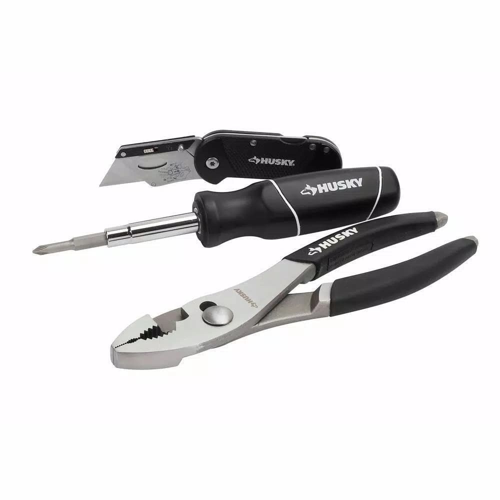 Husky 3-Piece Hand Tool Set with 6-in-1 Screwdriver, Slip Joint Pliers, and Folding Utility Knife