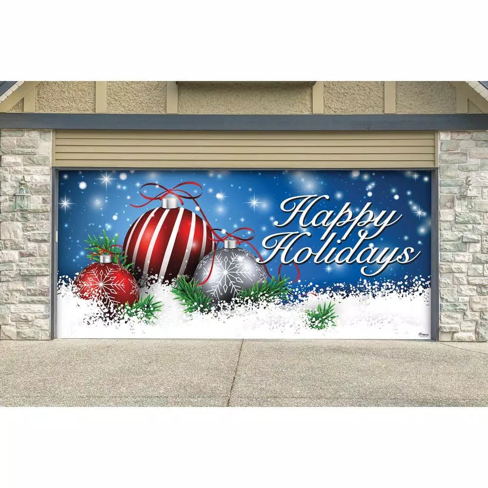 My Door Decor 7 ft. x 16 ft. Red and White Christmas Ornament Garage Door Mural