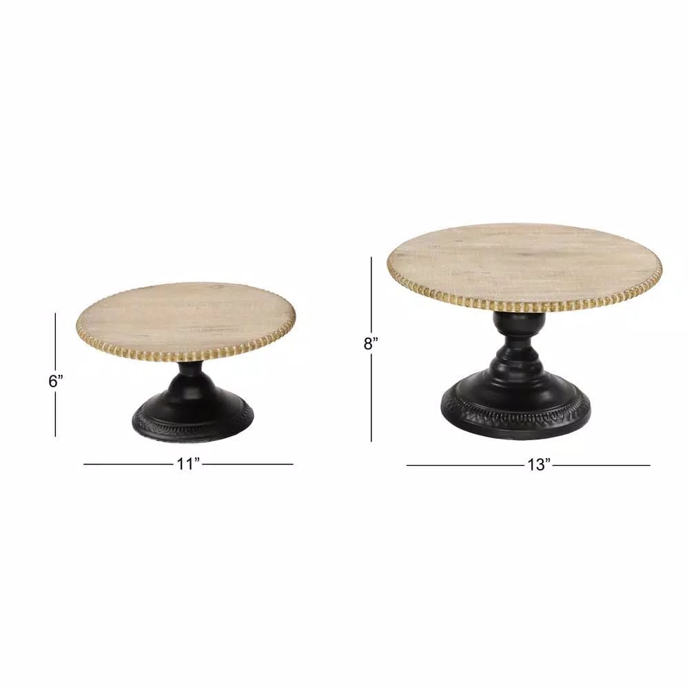 LITTON LANE Natural Beige Chinese Fir Wood and Black Iron Round Decorative Tray Stands Set of 2