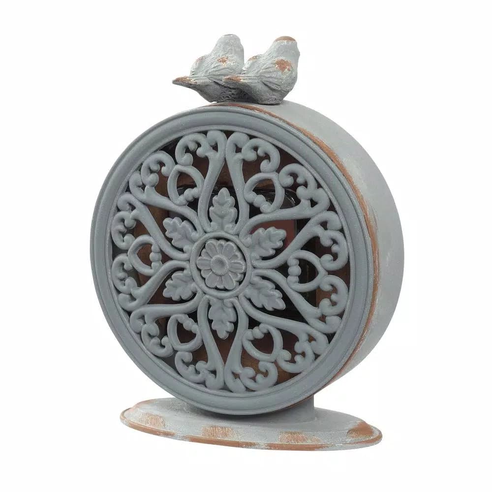 3R Studios Two Birds Round Pewter Mantel Clock - Distressed Grey Farmhouse Decor