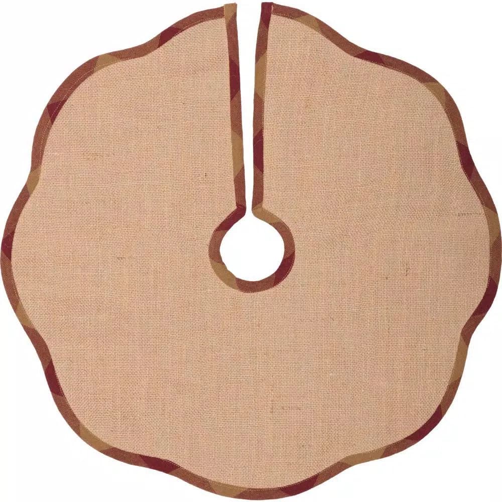 VHC Brands 21 in. Burgundy Check Red Primitive Christmas Tree Skirt with Scalloped Edge