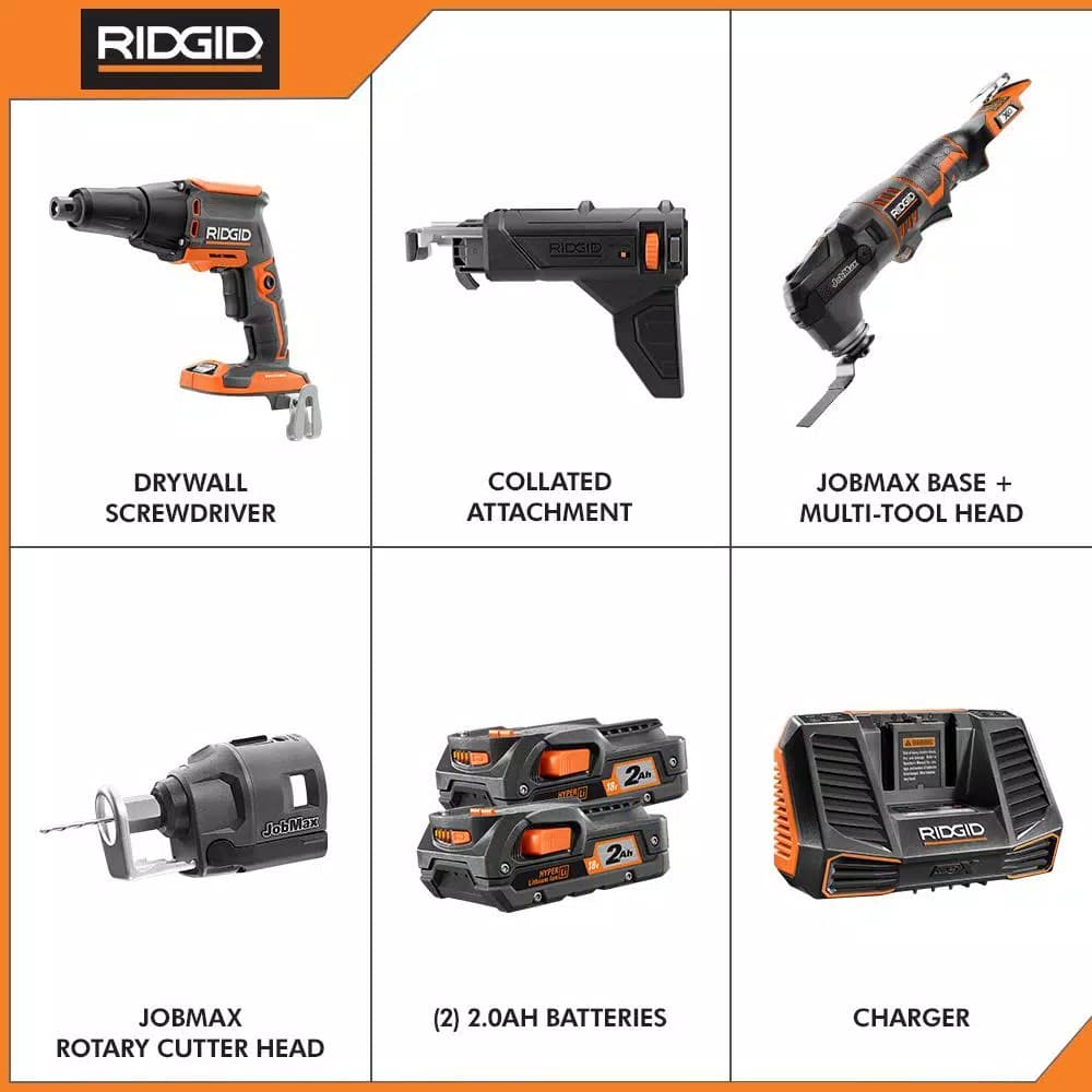 RIDGID 18V Brushless Cordless Drywall Screwdriver and JobMax Multi-Tool Combo Kit with (2) 2.0 Ah Batteries