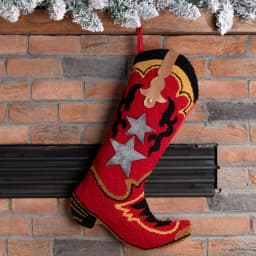 Glitzhome Red Cowboy Boot Christmas Stocking with Decorative Stars and Strap Detailing thumbnail 5
