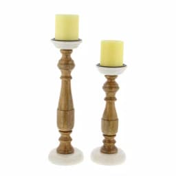 LITTON LANE New Traditional Mango Wood and White Marble Candle Holder Set of 2 thumbnail 2
