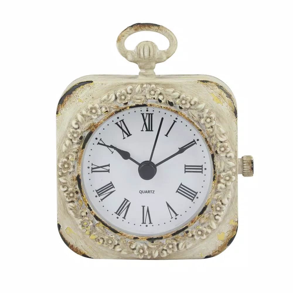 Stonebriar Collection Weathered White Metal Tabletop Analog Clock with Roman Numerals