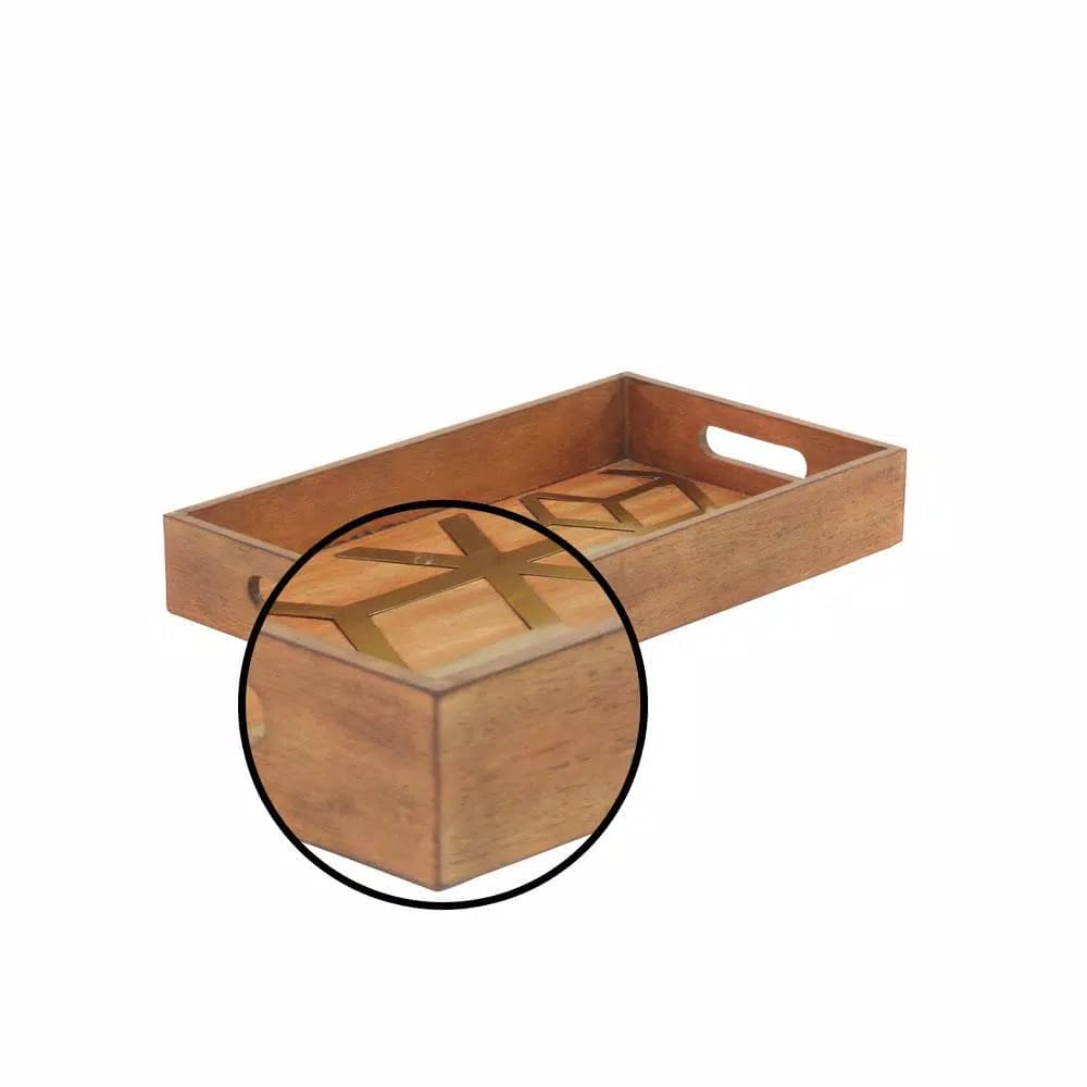 LITTON LANE Rustic Brown Wood Decorative Trays with Gold Geometric Patterns, Set of 2