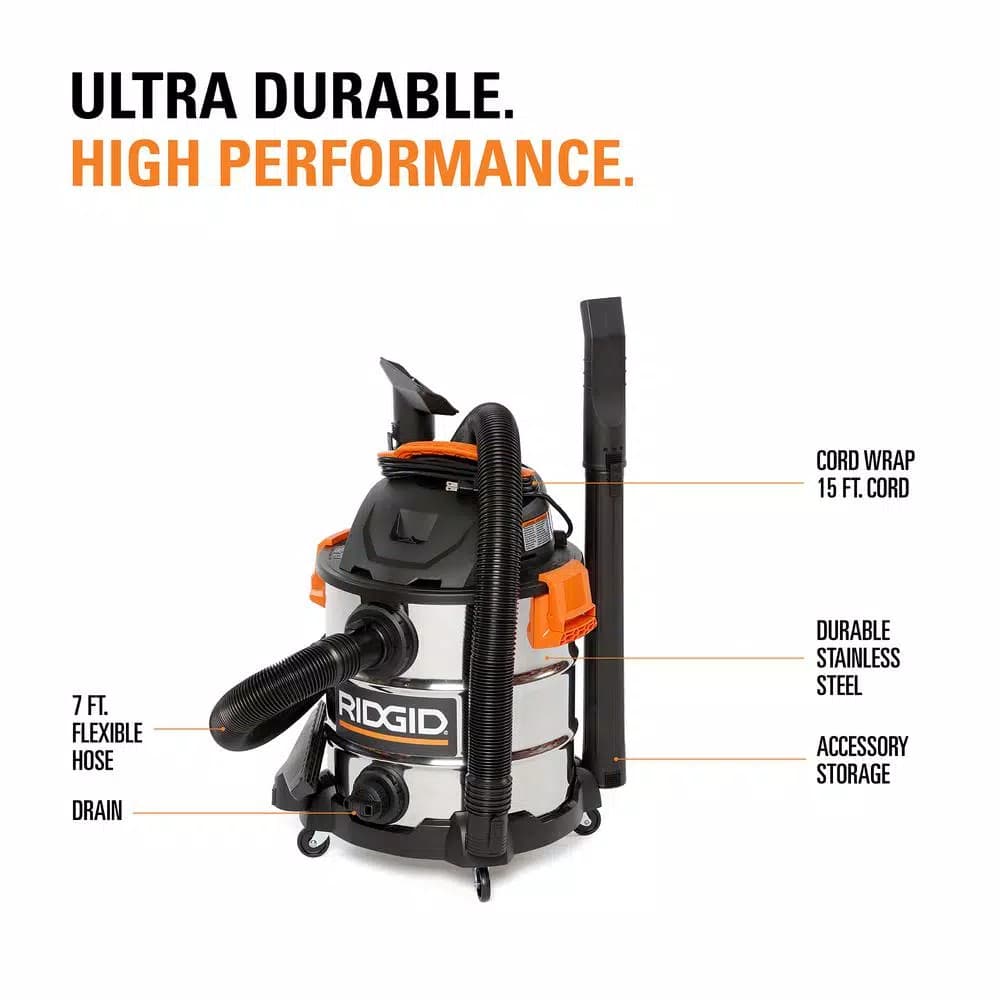RIDGID 10 Gal. 6.0 Peak HP Stainless Steel Wet/Dry Shop Vacuum with Locking Accessories