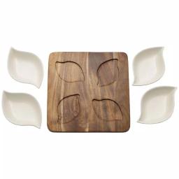 Pfaltzgraff 10 in. 5-Piece Acacia Wood Serving Tray with 4 White Ceramic Bowls thumbnail 2