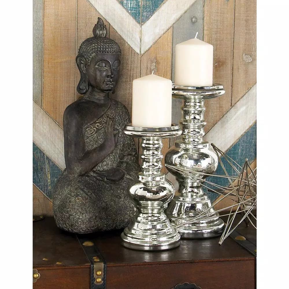 LITTON LANE Silver Glass Squat Ball Column Candle Holders, Set of 2