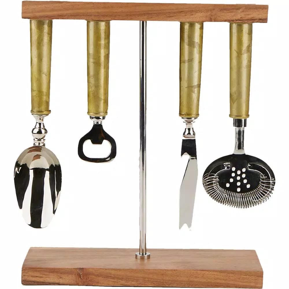 Mind Reader 4-Piece Galvanized Steel Barware Set with Magnetic Bamboo Stand