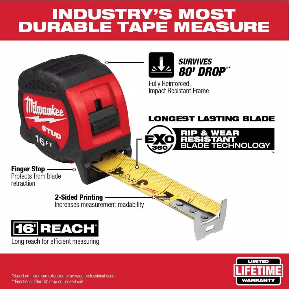 Milwaukee Gen II STUD Tape Measure, 16 ft. with 17 ft. Reach, EXO360 Blade Technology