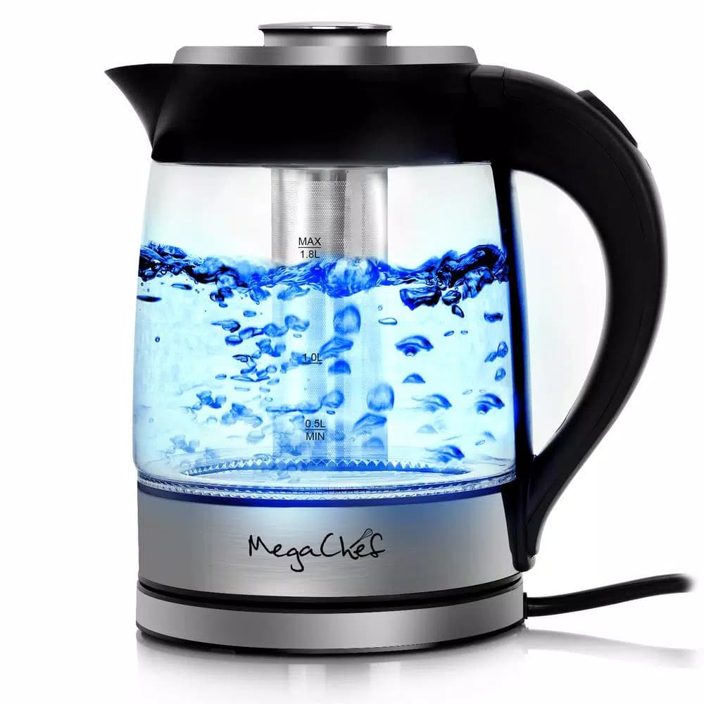 MegaChef 1.8L Cordless Glass and Stainless Steel Electric Tea Kettle with LED Base