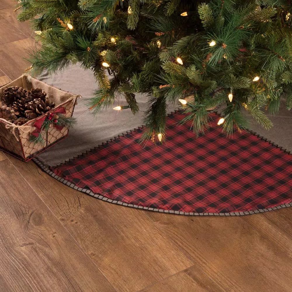 VHC Brands 48 in. Andes Charcoal Grey and Red Buffalo Check Rustic Cotton Christmas Tree Skirt