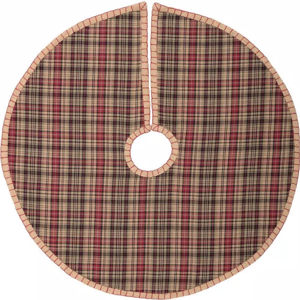 VHC Brands 21 in. Clement Natural Tan and Red Plaid Rustic Christmas Tree Skirt
