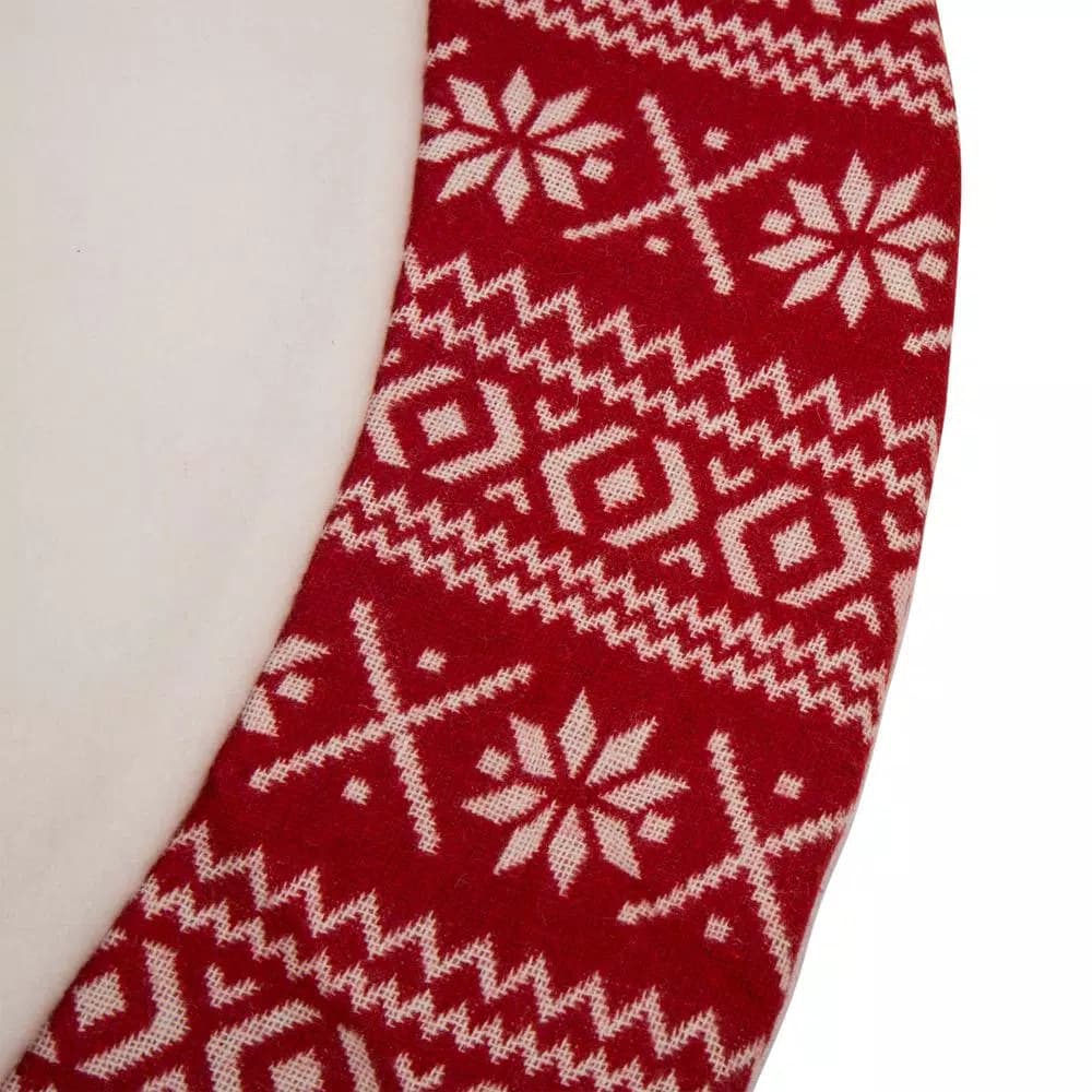 Glitzhome 48 in. White Fleece Christmas Tree Skirt with Jacquard Trim - Merry Christmas