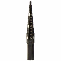 Klein Tools 1/8 in. to 1/2 in. High Speed Steel Double-Fluted Step Drill Bit with 3/8 in. Hex Shank thumbnail 1