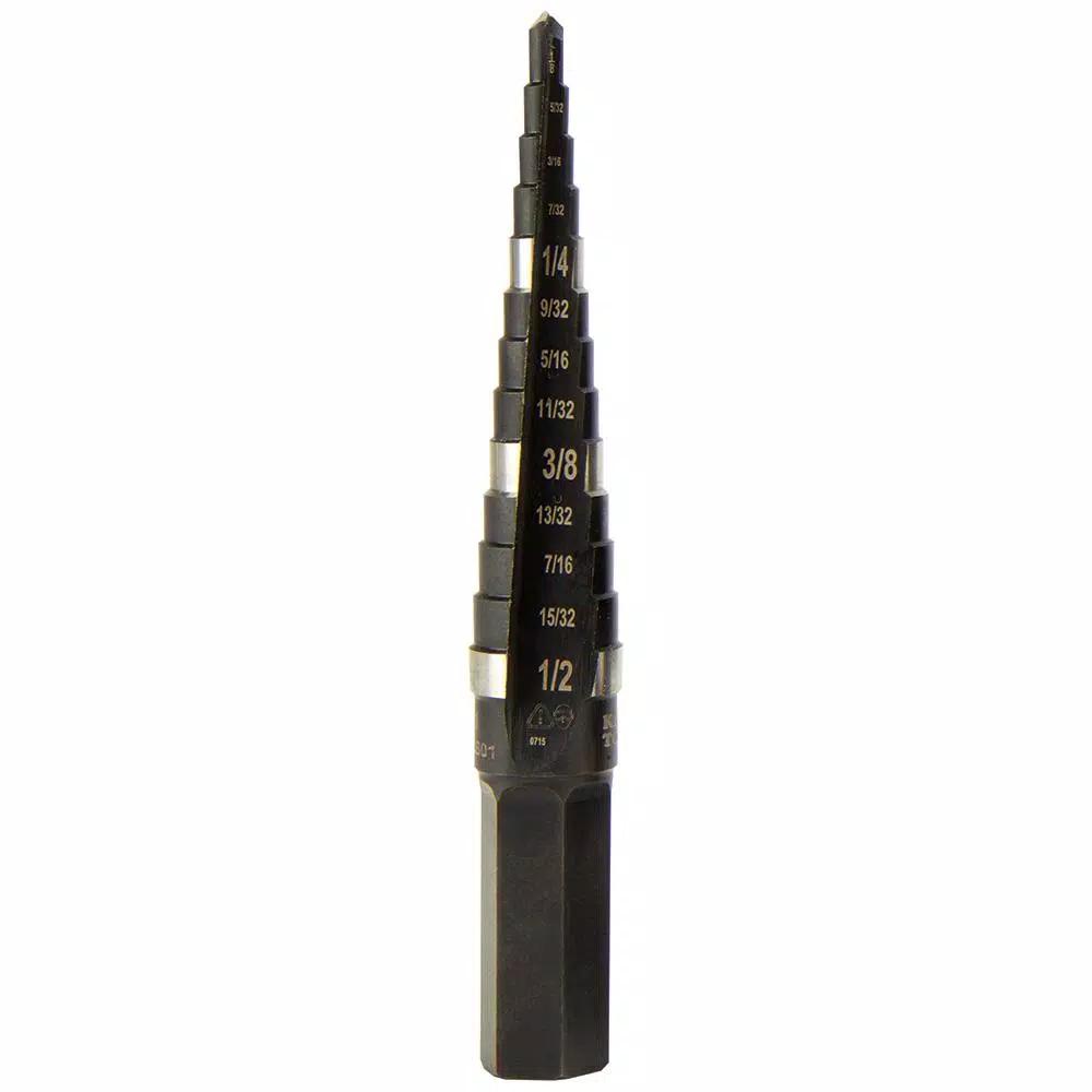 Klein Tools 1/8 in. to 1/2 in. High Speed Steel Double-Fluted Step Drill Bit with 3/8 in. Hex Shank