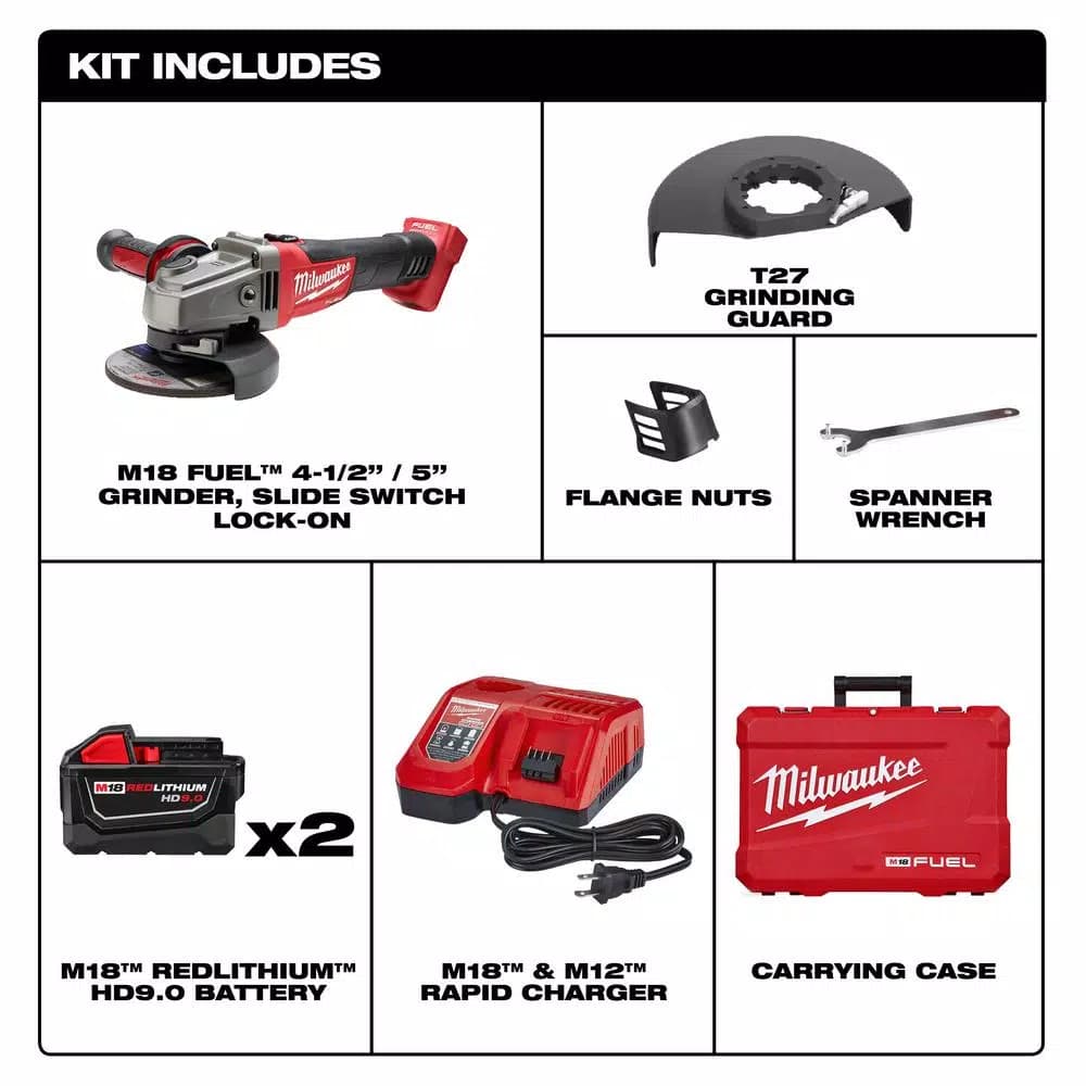 Milwaukee M18 FUEL 4-1/2 in. / 5 in. Cordless Angle Grinder Kit with (2) 9.0 Ah Batteries and Charger
