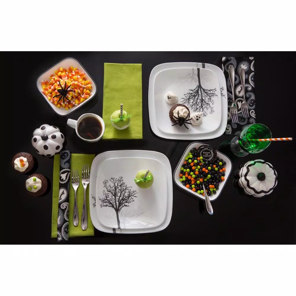 Corelle Square 16-Piece Black Trees Glass Dinnerware Set, Service for 4