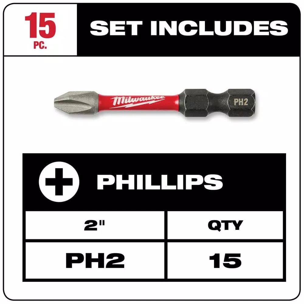 Milwaukee SHOCKWAVE 2 in. Phillips #2 Impact Duty Steel Driver Bits, 15-Pack