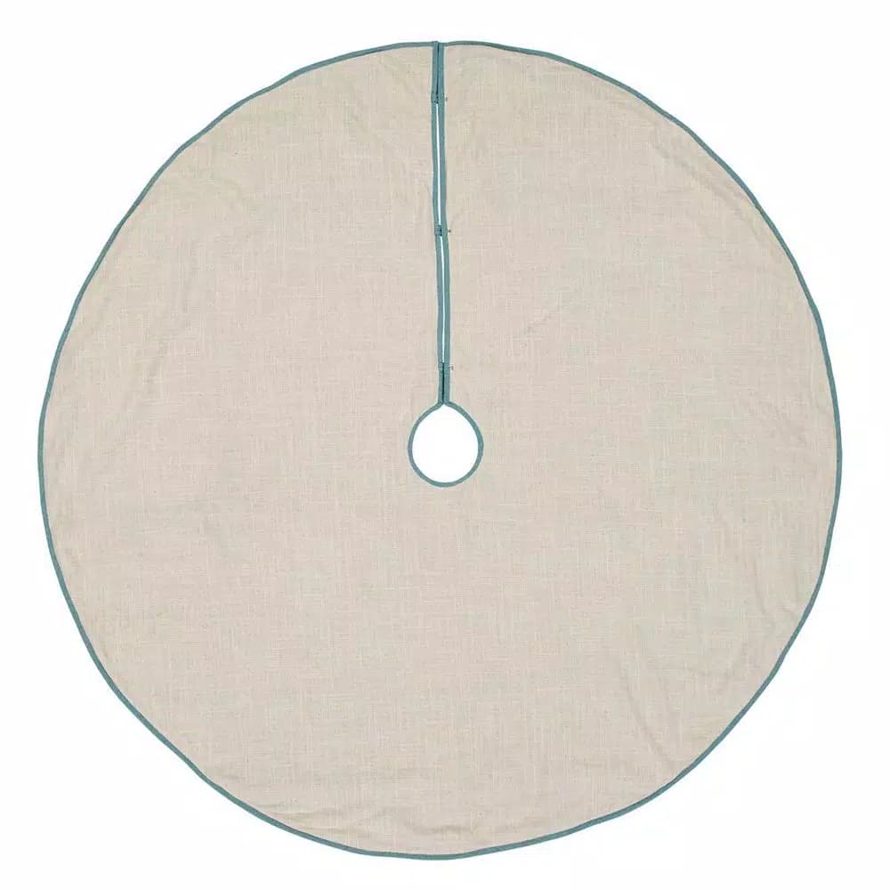 VHC Brands Sanbourne 60 in. Creme White Coastal Christmas Tree Skirt with Turquoise Trim