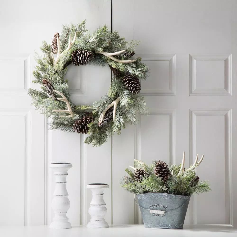 Glitzhome 24 in. Flocked Pinecone and Antler Artificial Christmas Wreath