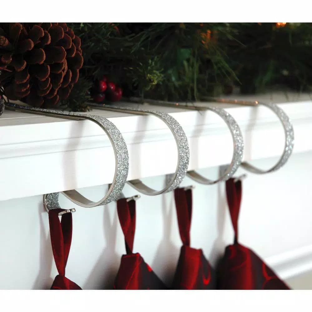 Original MantleClip Silver Glitter Steel MantleClip Stocking Holders, 2.5 in. (4-Pack)