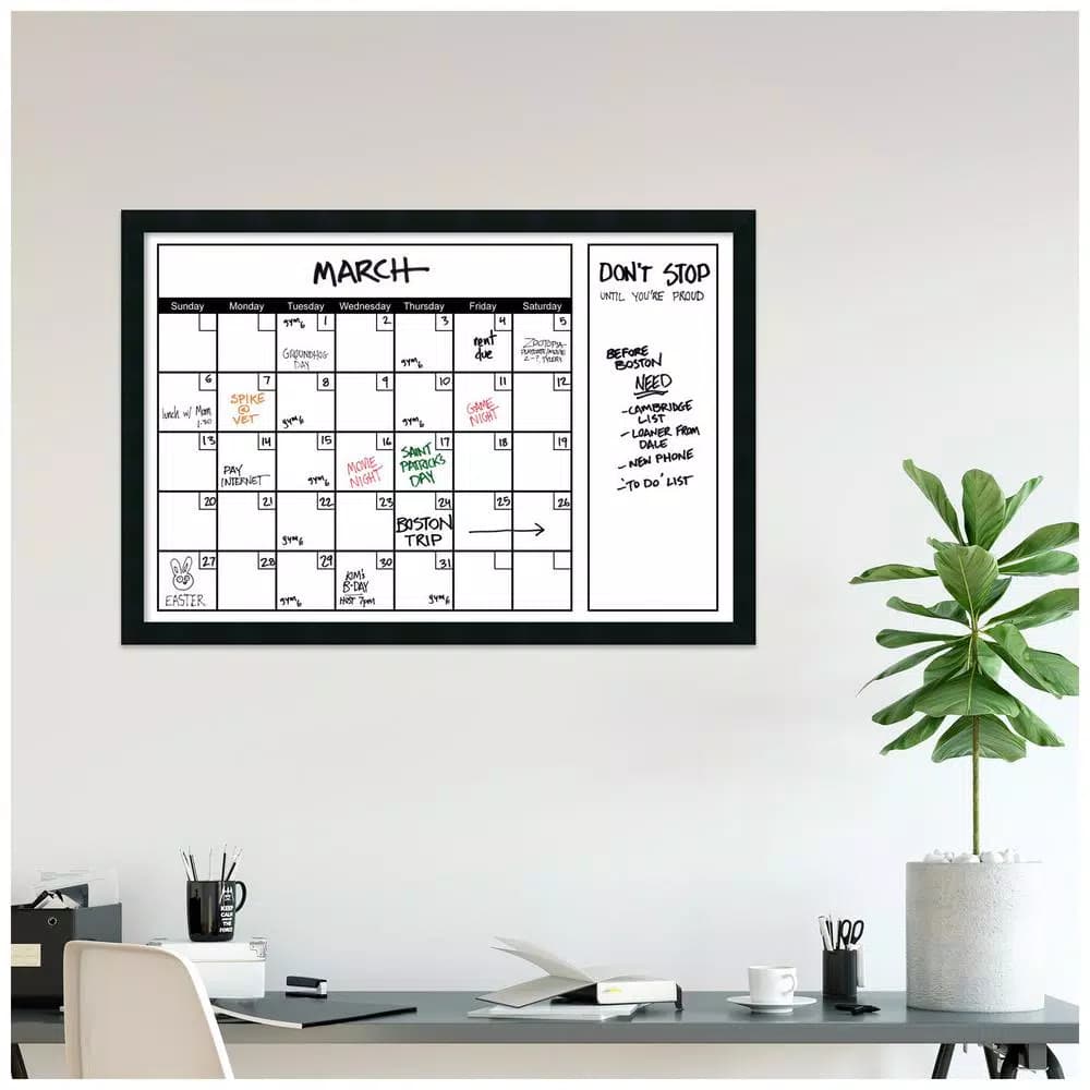 Amanti Art 38 in. W x 26 in. H Framed Glass Dry Erase Calendar Board, Mezzanotte Satin Black Wood