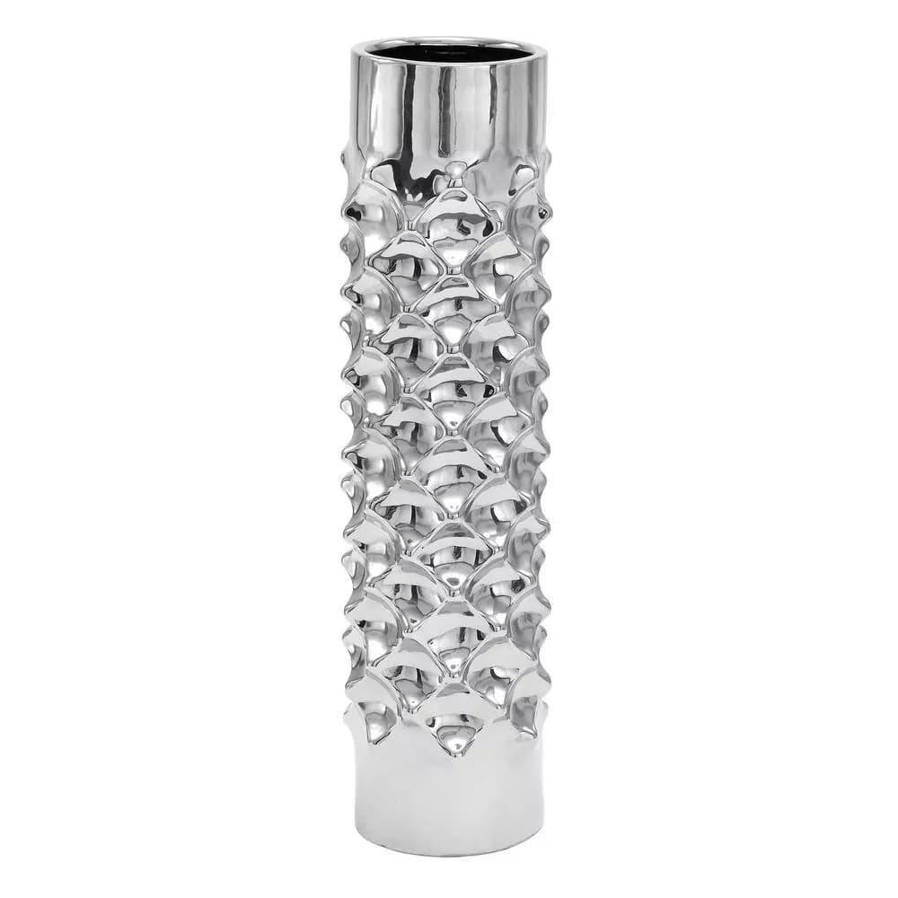 LITTON LANE Modern Reflections 23 in. Silver Ceramic Tower Vase with Ridged Details