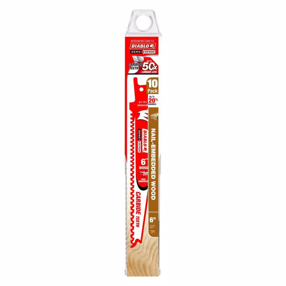 Diablo Demo Demon Carbide Teeth Reciprocating Saw Blades for Nail-Embedded Wood, 6 in., 5/7 TPI (10-Pack)