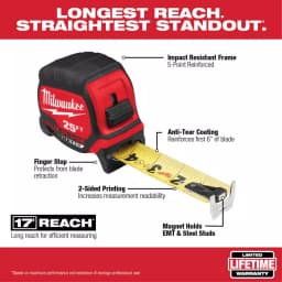 Milwaukee 25 ft. Wide Blade Magnetic Tape Measure with 17 ft. Reach thumbnail 2