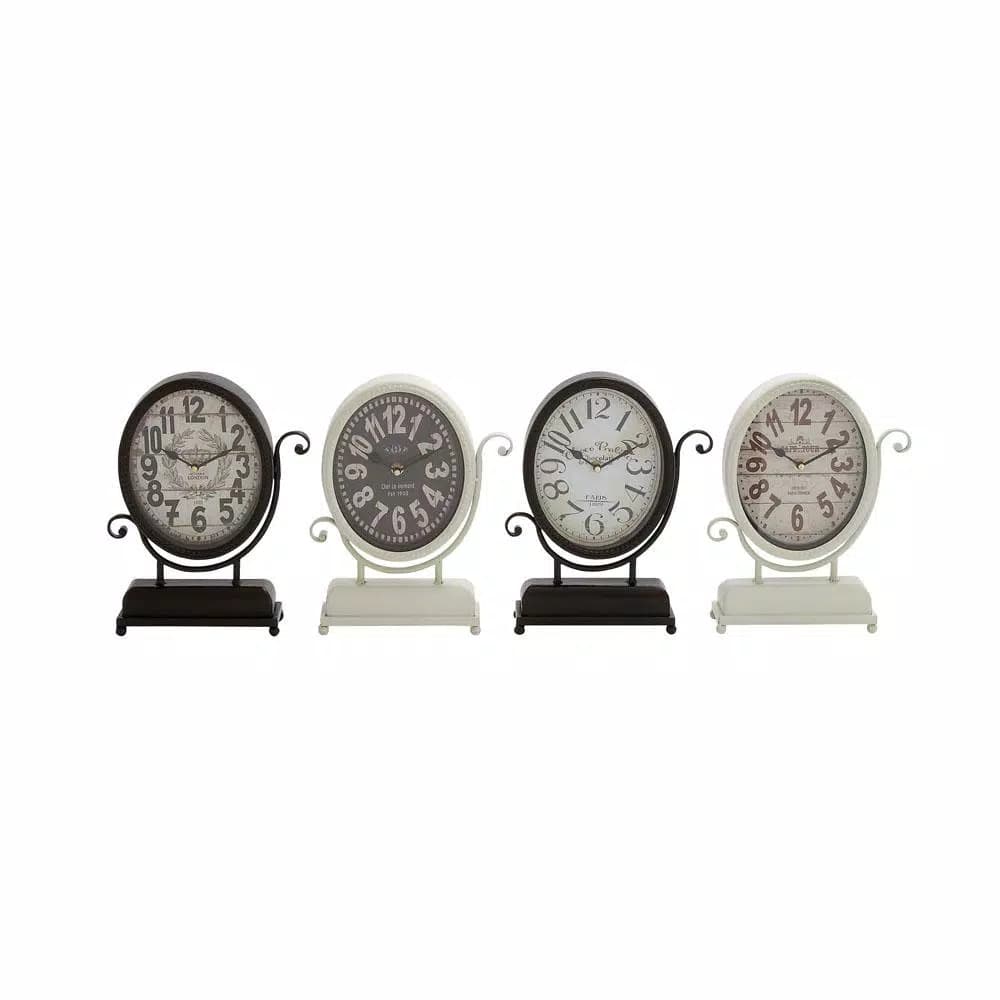 LITTON LANE 12 in. x 9 in. International Cafe Oval Desk Clocks, Set of 4, Distressed Black & White Farmhouse Style