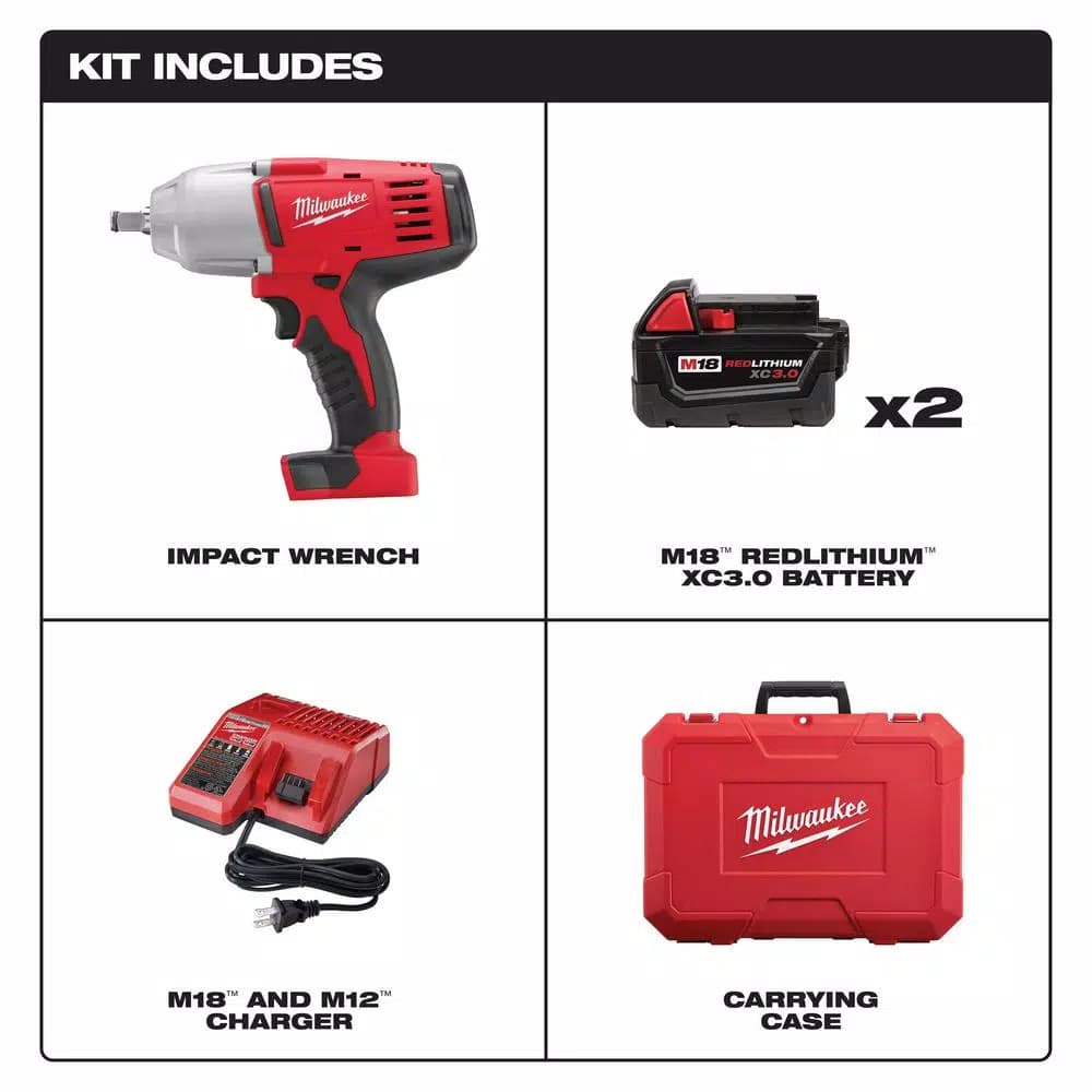 Milwaukee M18 1/2 in. High-Torque Cordless Impact Wrench Kit with (2) 3.0 Ah Batteries, Charger, and Hard Case